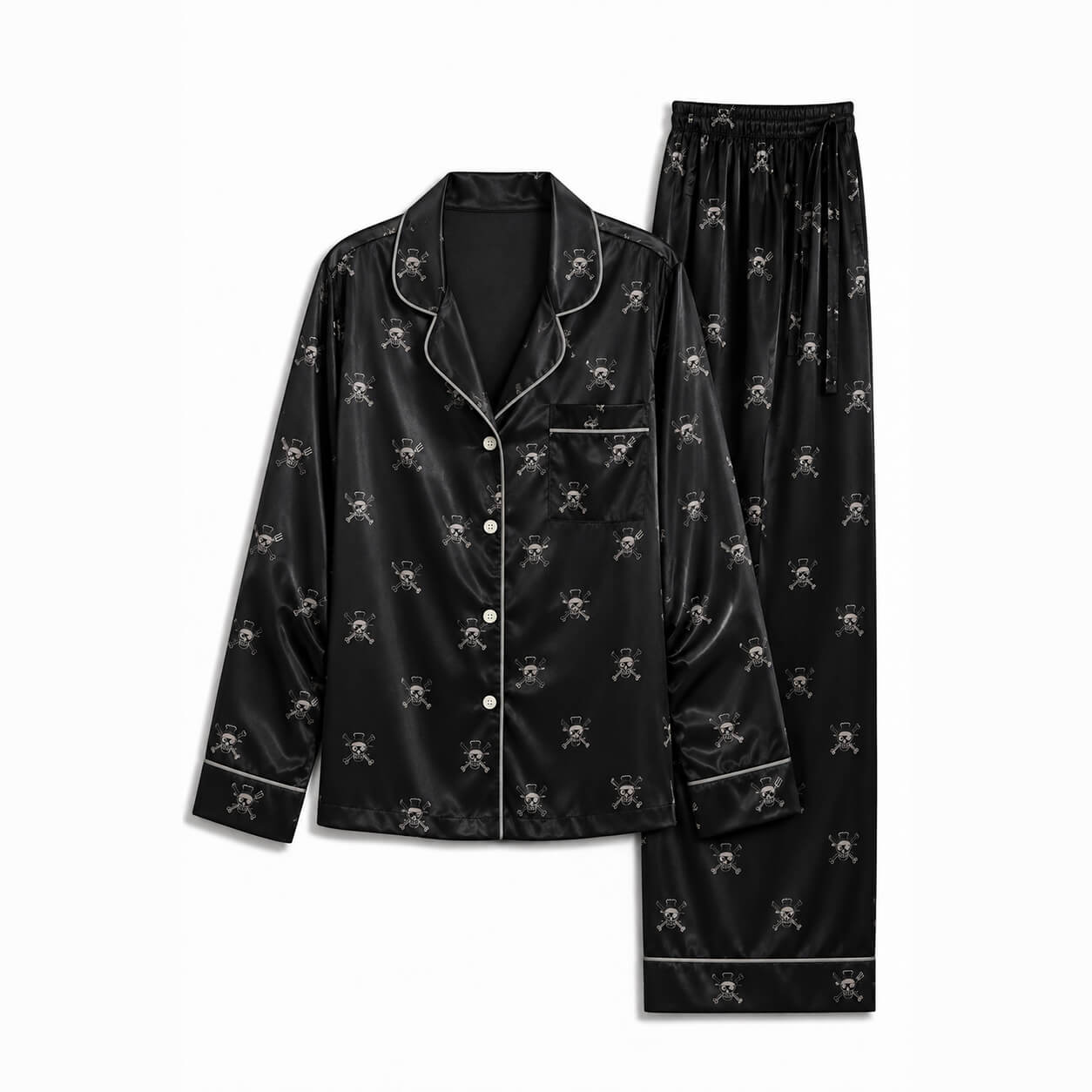 One Piece Women's Black Satin Pajama Set– Jolly Roger Print Long Sleeve Loungewear