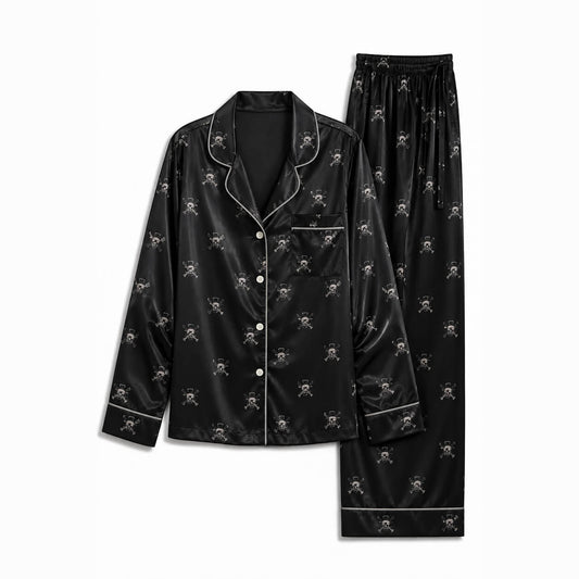 One Piece Women's Black Satin Pajama Set– Jolly Roger Print Long Sleeve Loungewear
