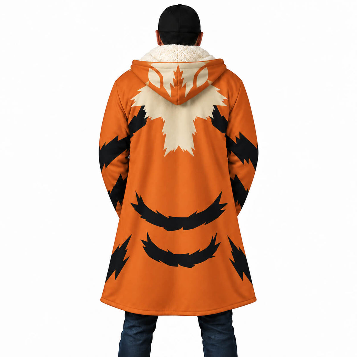Arcanine Pokémon orange tiger stripe hooded cloak coat back view