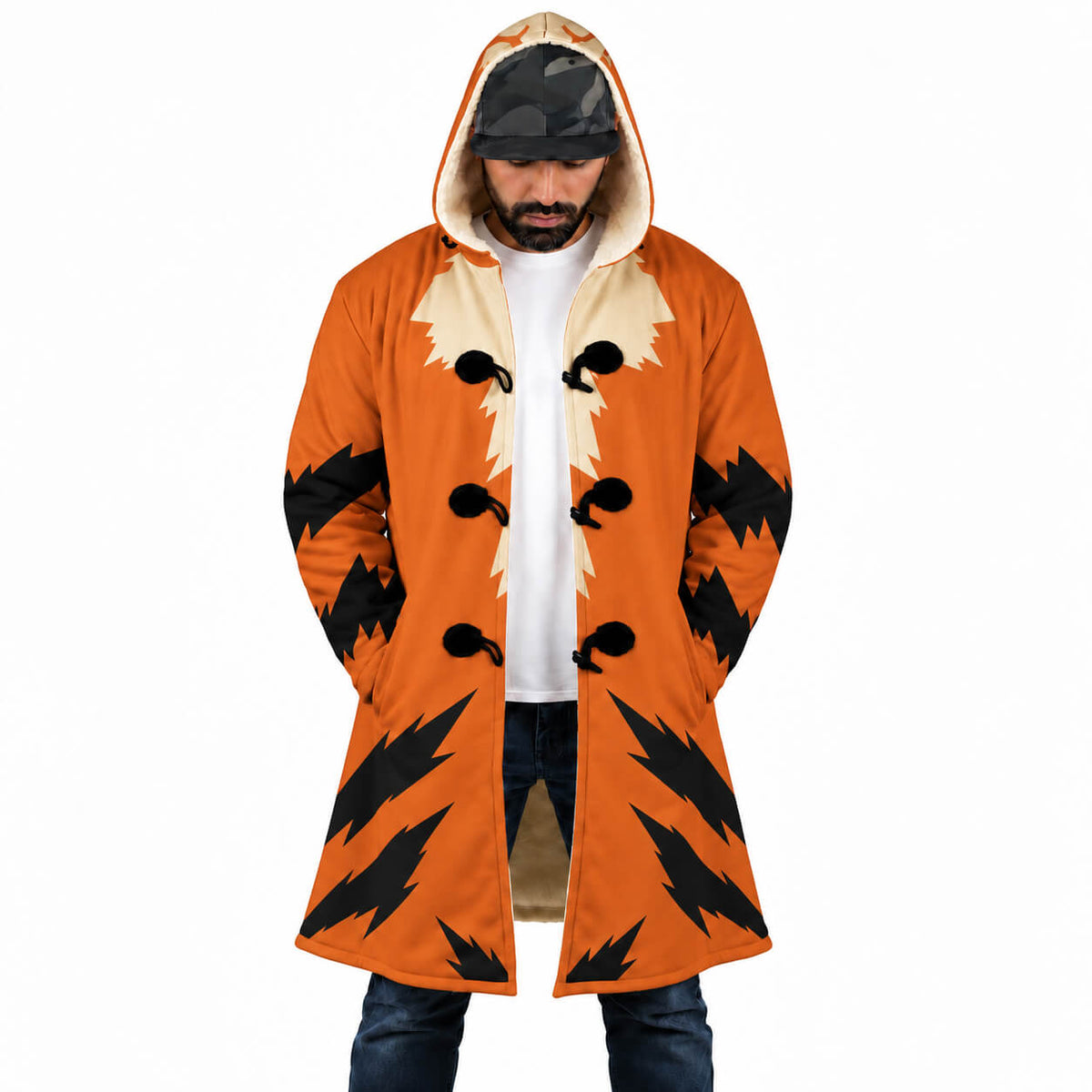 Arcanine orange and black Pokémon hooded cloak coat front view