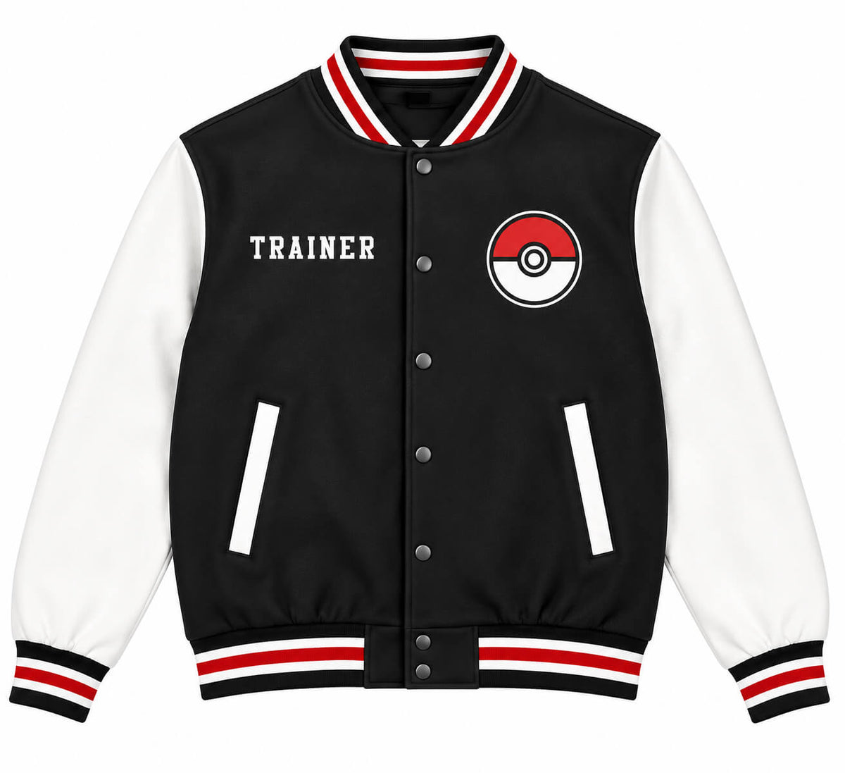Pokémon Trainer black and white Poké Ball varsity jacket front view