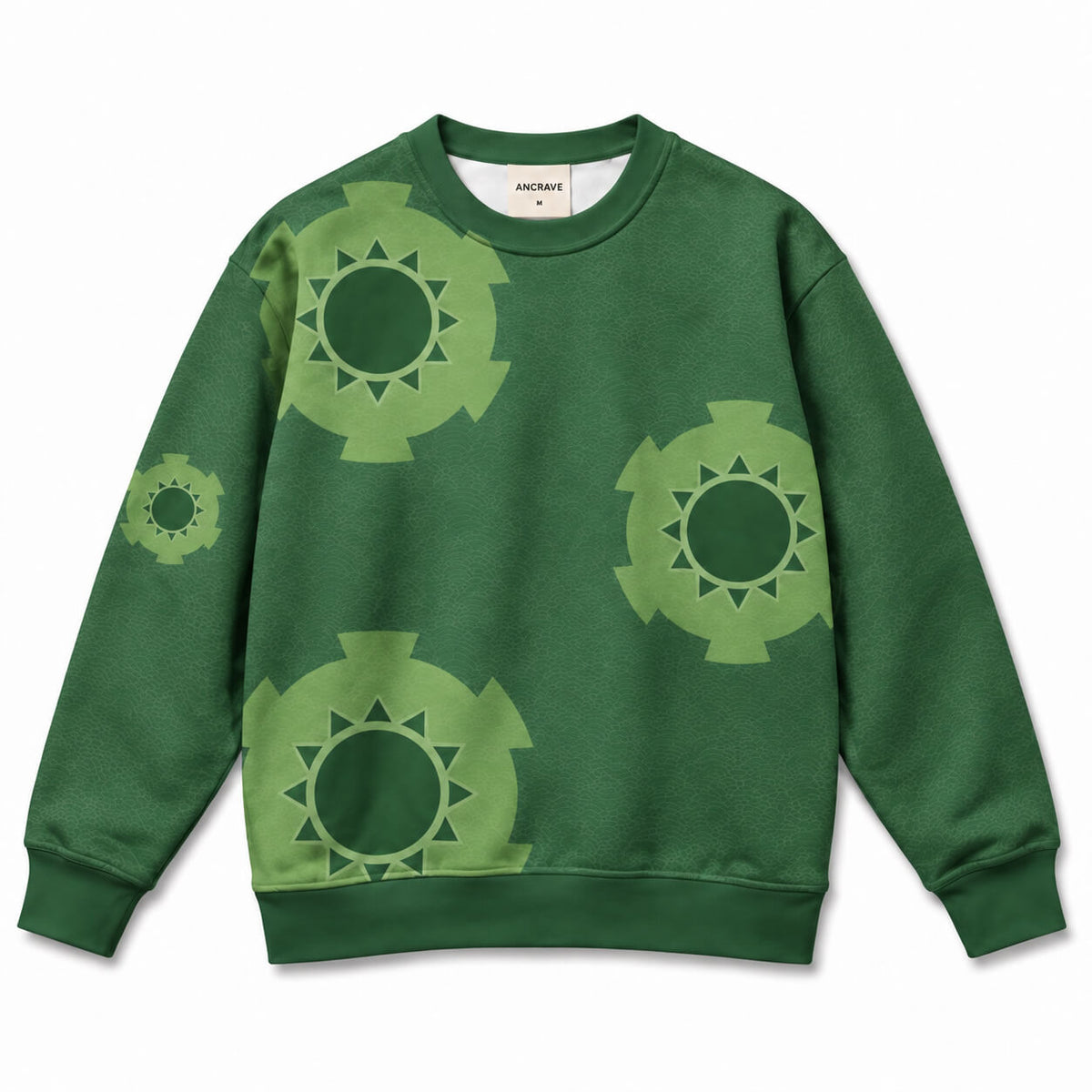 Roronoa Zoro forest-green One Piece sweatshirt with light-green circular emblems across front and sleeves