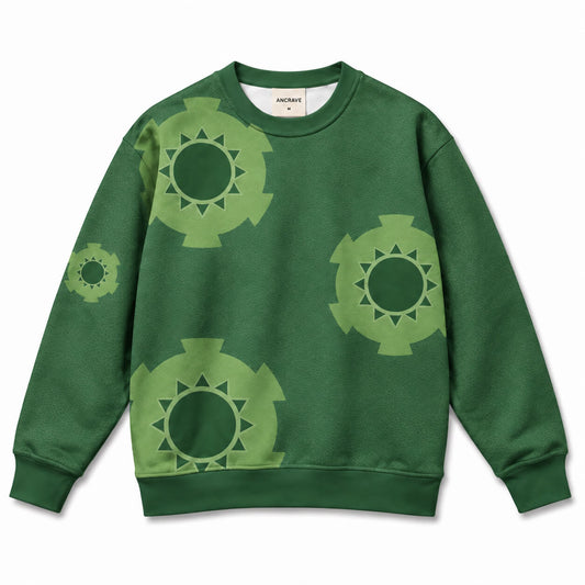 Roronoa Zoro forest-green One Piece sweatshirt with light-green circular emblems across front and sleeves