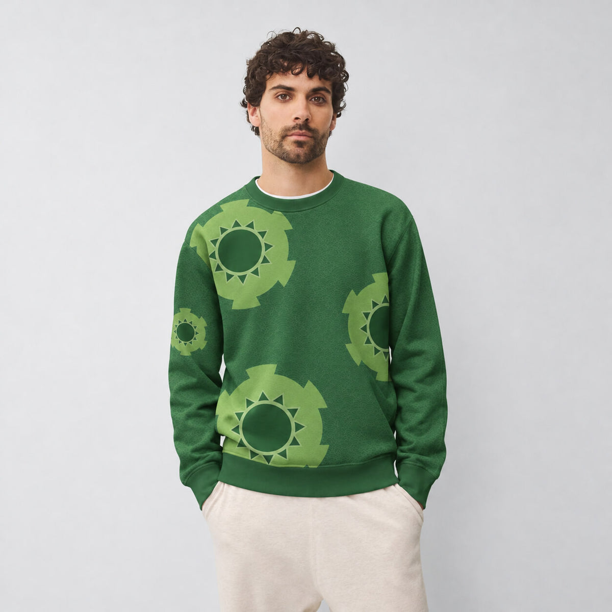 Model wearing Roronoa Zoro green crewneck sweatshirt with tonal circular graphics on front