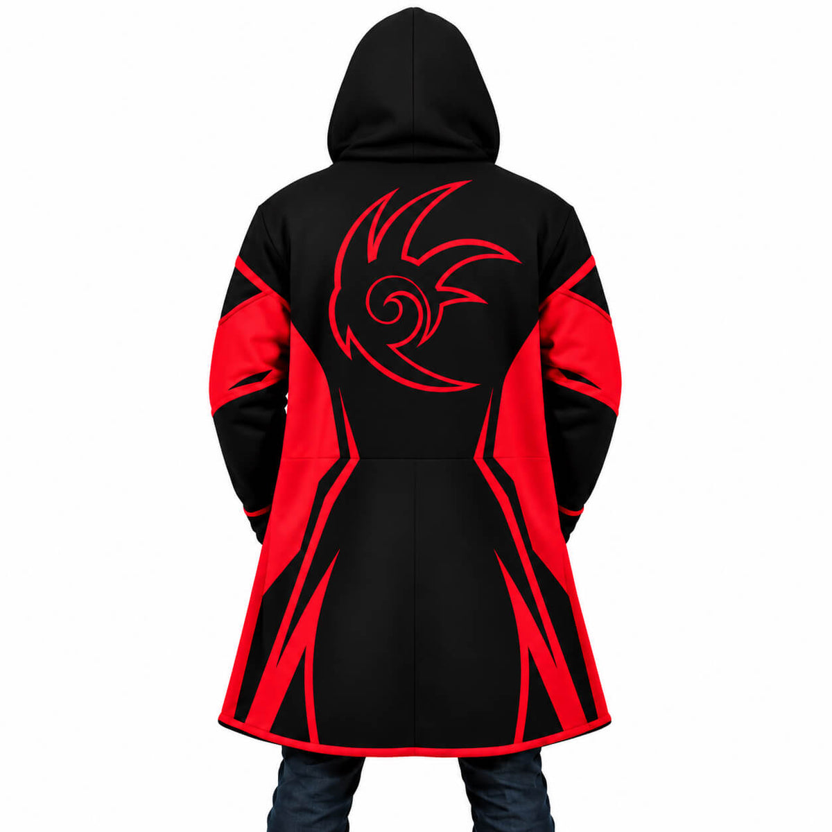 Black and red Shadow Sonic hooded cloak coat back angle