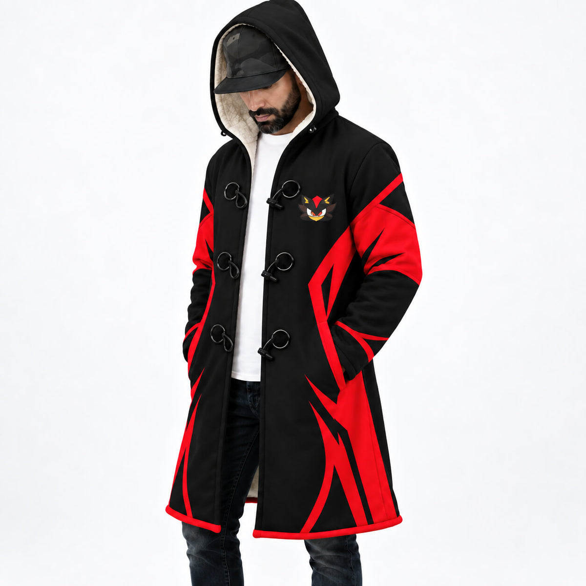 Shadow Sonic black and red hooded cloak coat front angle