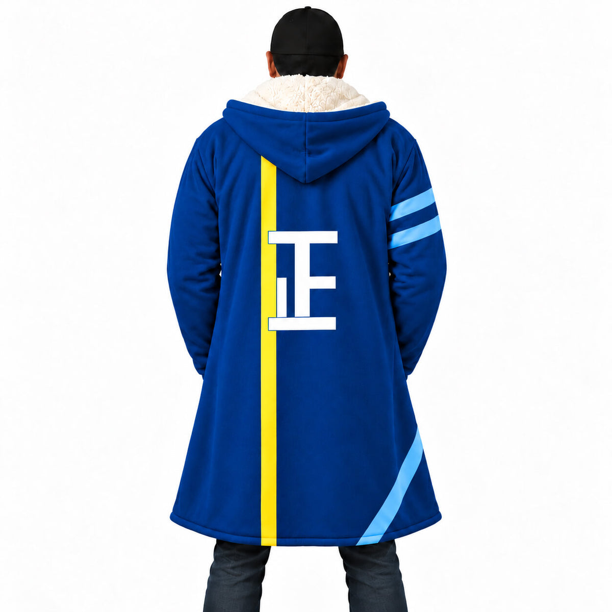 Shaka Vegapunk 01 One Piece blue hooded cloak coat back with white emblem