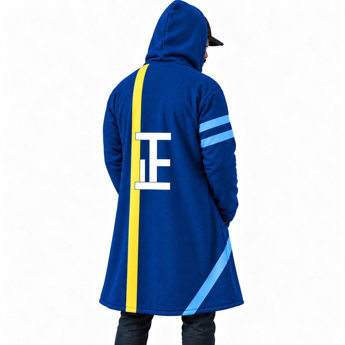One Piece Shaka hooded cloak coat angled back showing geometric stripes