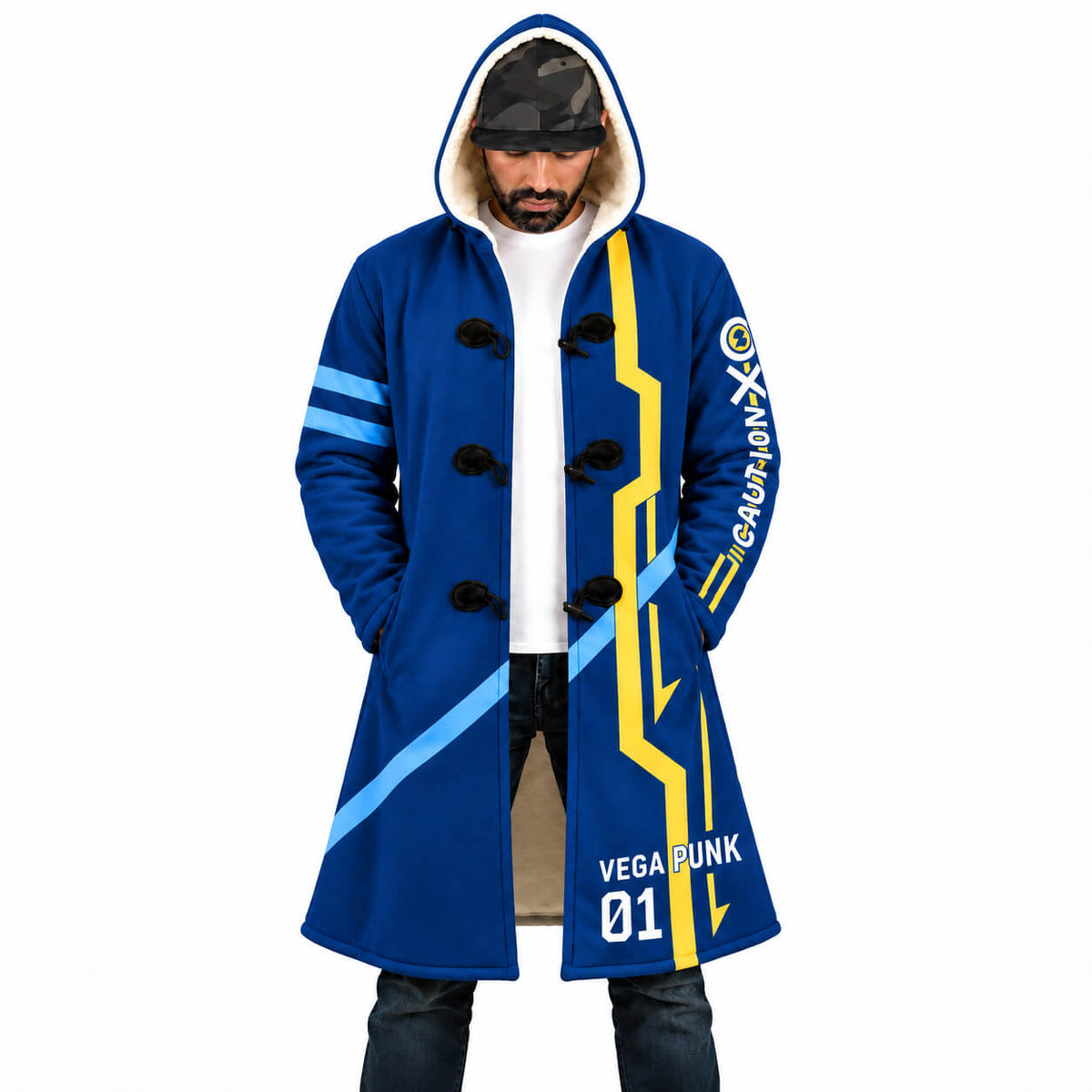 Shaka Egghead blue hooded cloak coat front with yellow and light blue accents