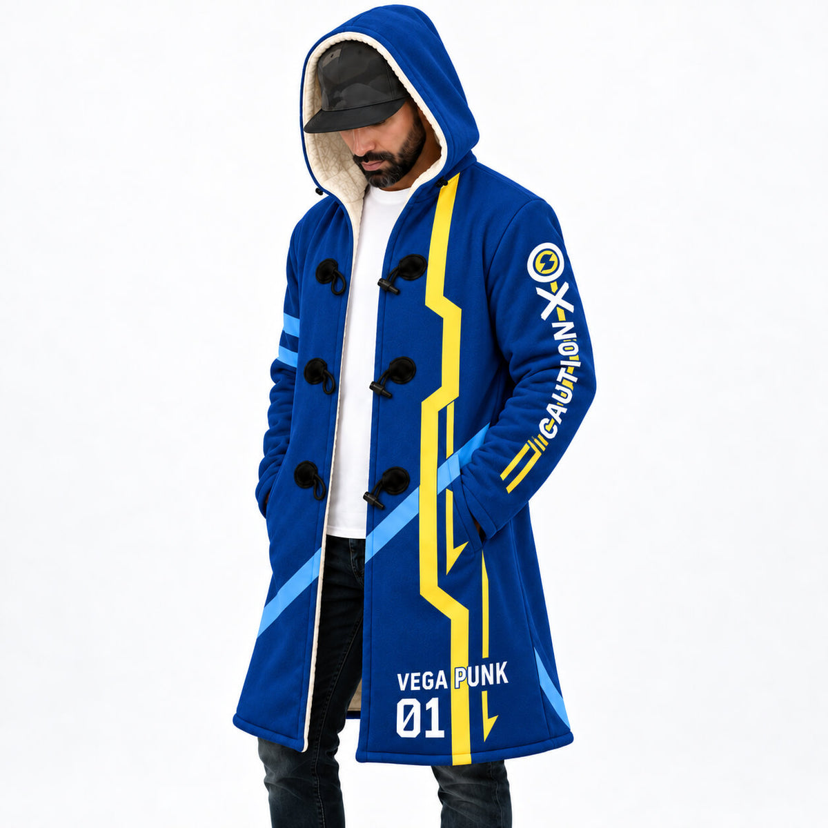 1. Model wearing Shaka Egghead hooded cloak coat angled front view