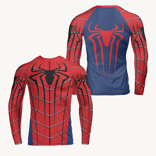Spider-Man Marvel compression rash guard front and back showing red and navy superhero suit graphics