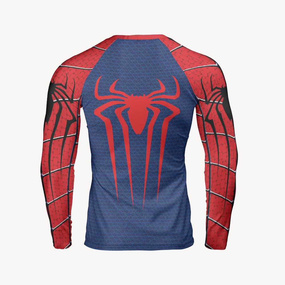 1. Spider-Man Marvel rash guard back view featuring large red spider emblem on navy blue