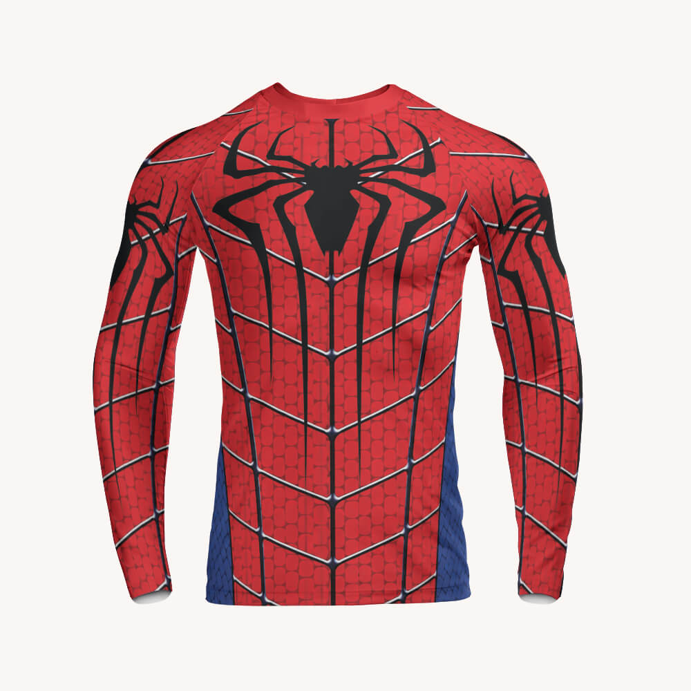Spider-Man long sleeve compression shirt front with black web patterns and spider chest emblem