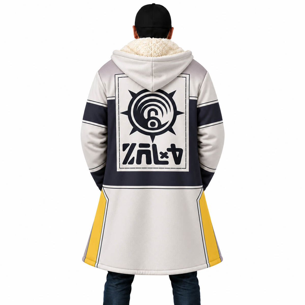 Tamsy Caines Gachiakuta white hooded cloak coat back with black graphic emblem