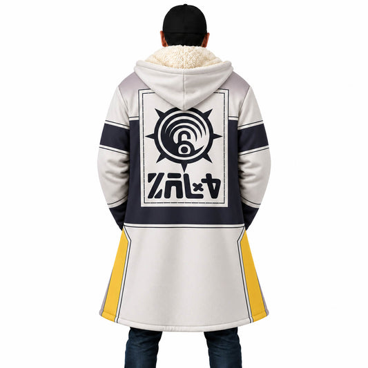 Tamsy Caines Gachiakuta white hooded cloak coat back with black graphic emblem