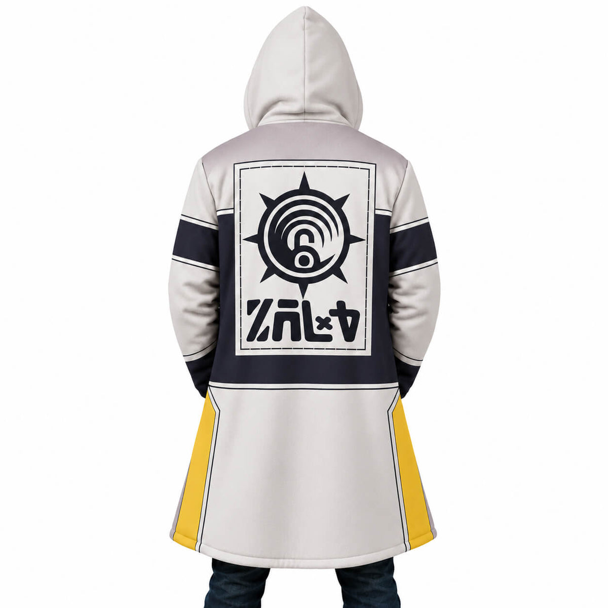 Tamsy Caines Gachiakuta cloak coat full back showing graphic emblem