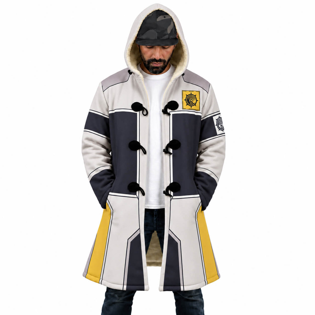 Tamsy Caines hooded cloak coat front with black panels and yellow accents