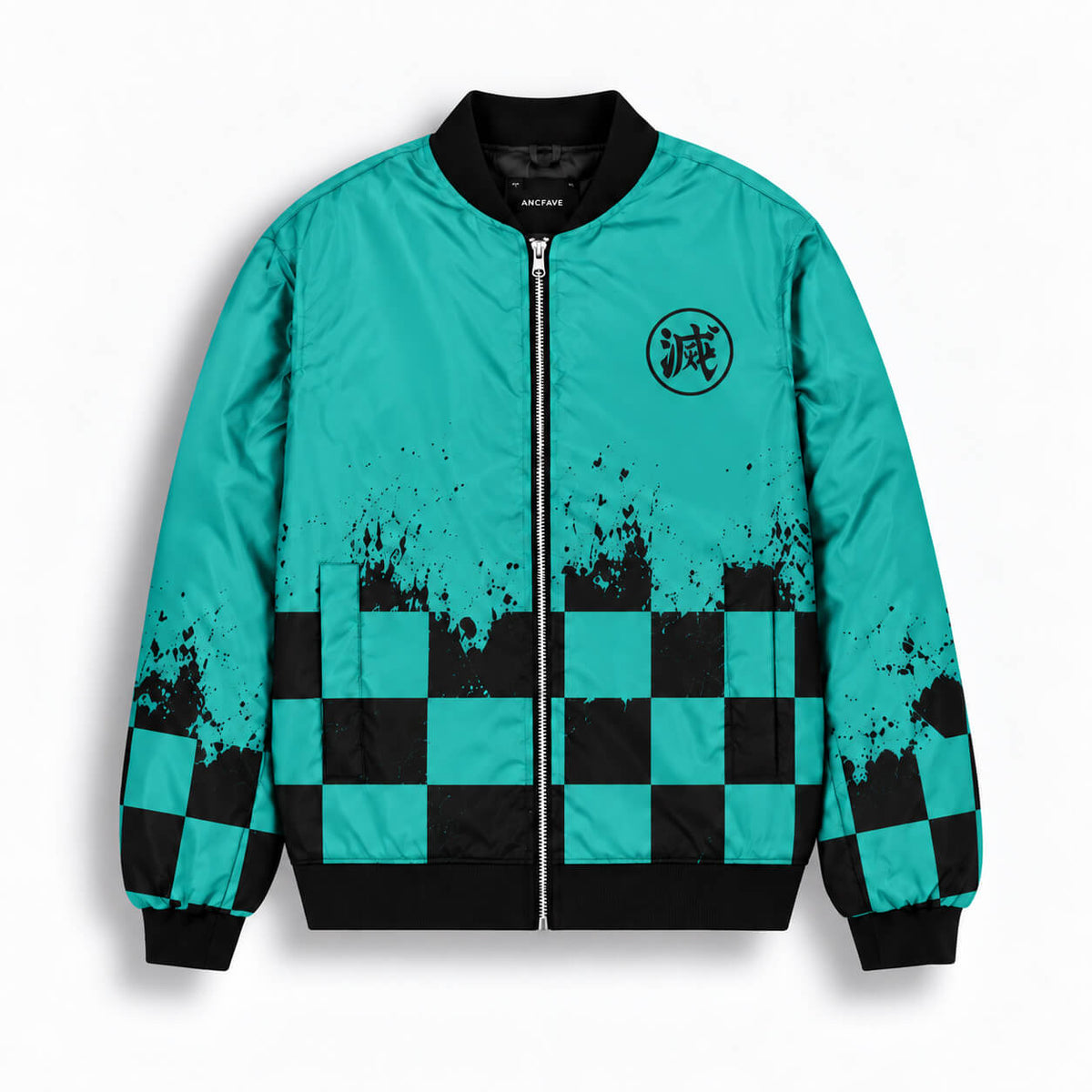 Tanjiro Kamado bomber jacket with turquoise-green fabric, black checkered pattern and chest emblem
