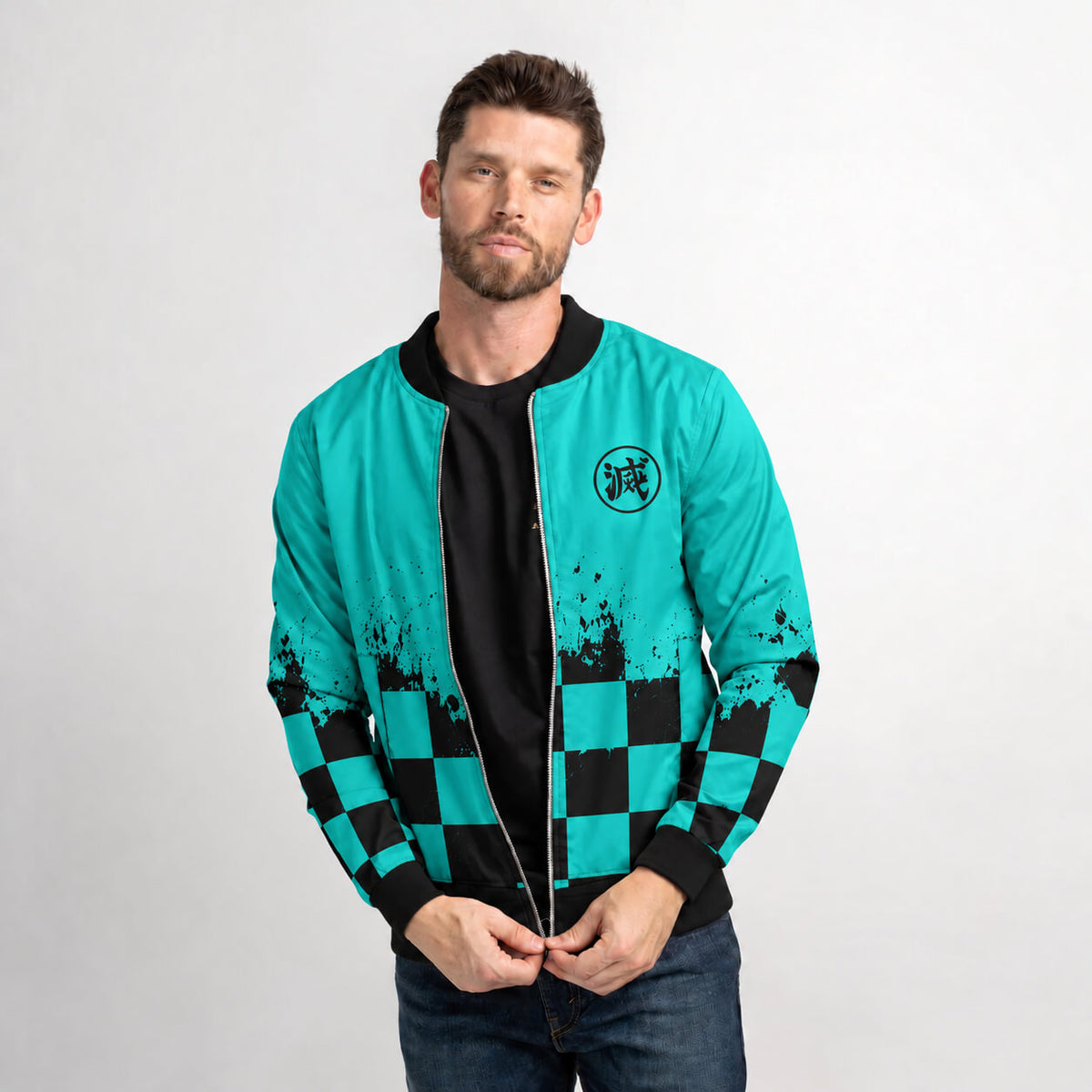 Model wearing Tanjiro Demon Slayer bomber jacket with green-and-black checkered haori-inspired design