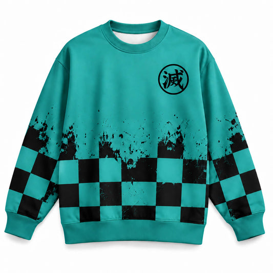 Front of Tanjiro Kamado teal sweatshirt with black checkered pattern and Demon Slayer chest emblem