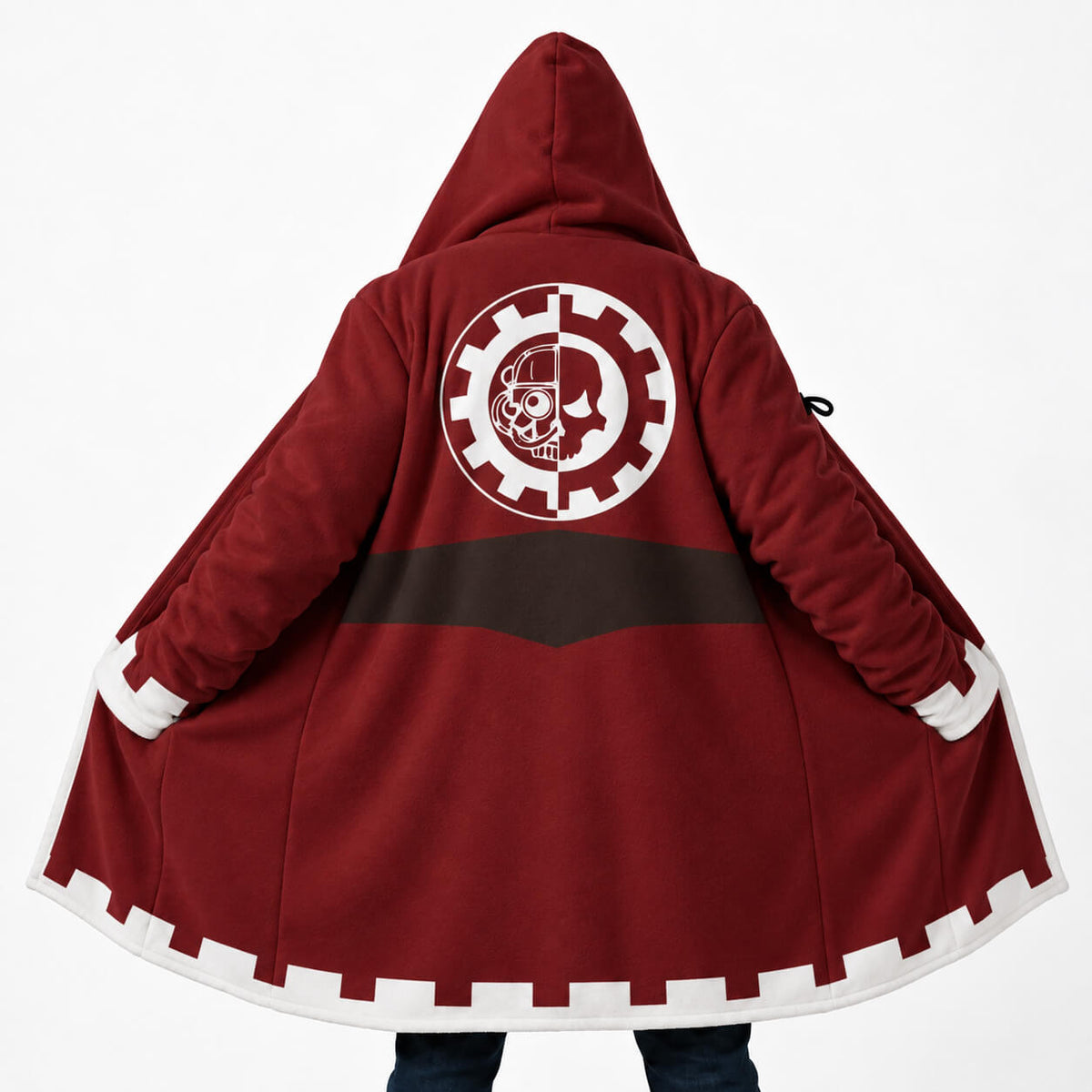 Warhammer Tech-Priest hooded cloak coat with white cog and skull emblem