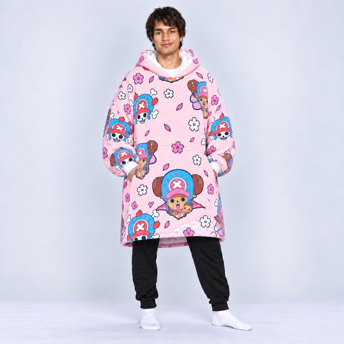 Front view of Chopper blanket hoodie with character and heart graphics