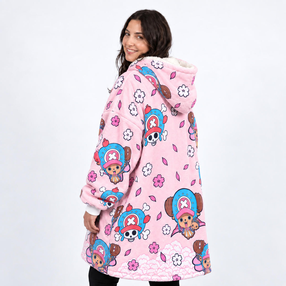 Side view of pink Chopper blanket hoodie with playful all-over icons