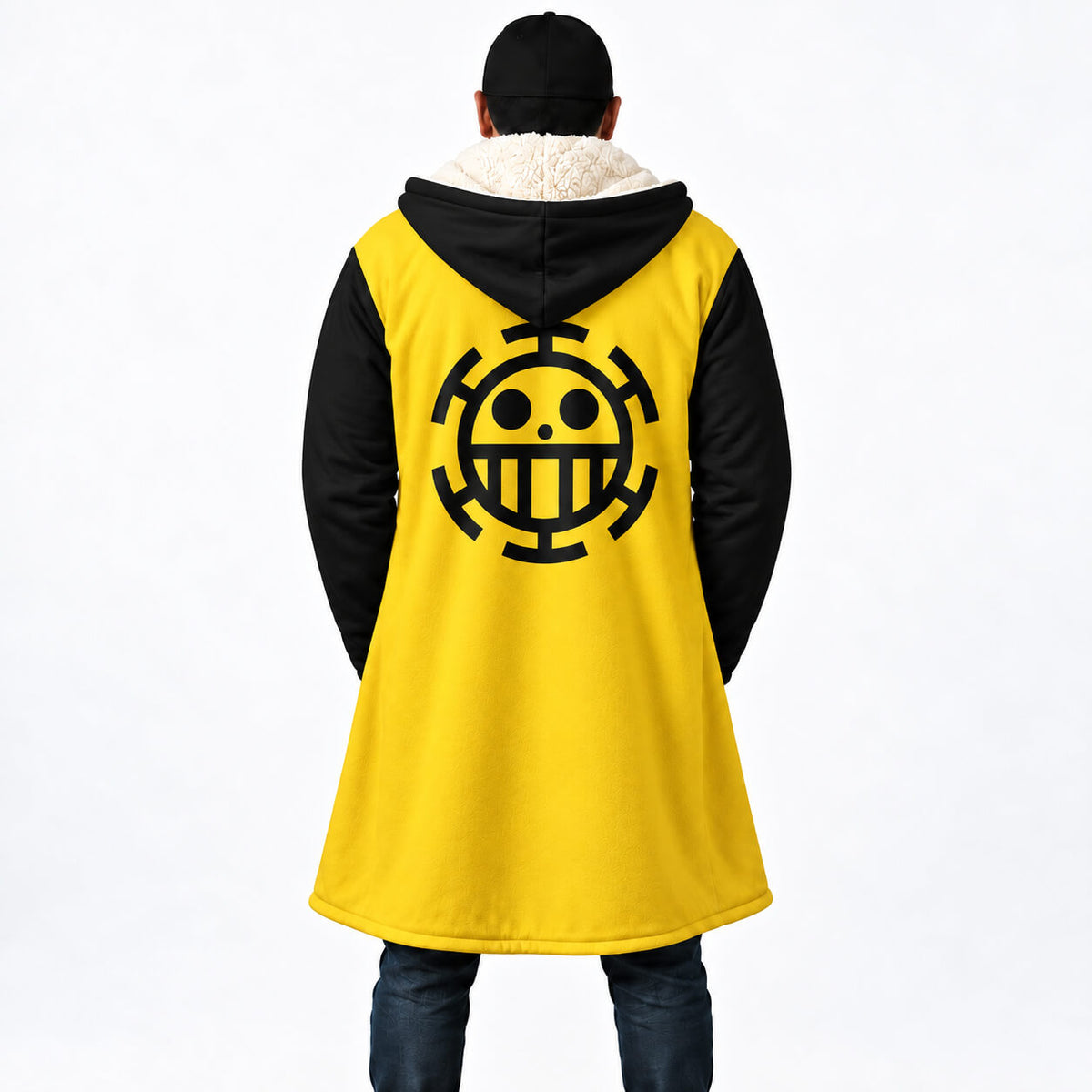 Trafalgar Law One Piece yellow and black hooded cloak coat back with Heart Pirates emblem