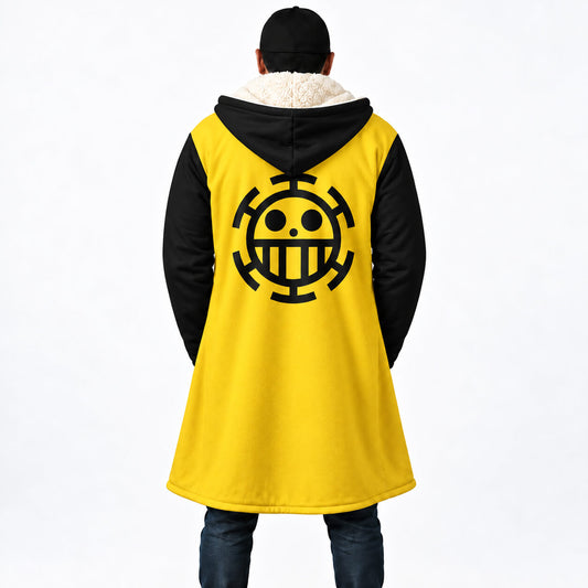 Trafalgar Law One Piece yellow and black hooded cloak coat back with Heart Pirates emblem