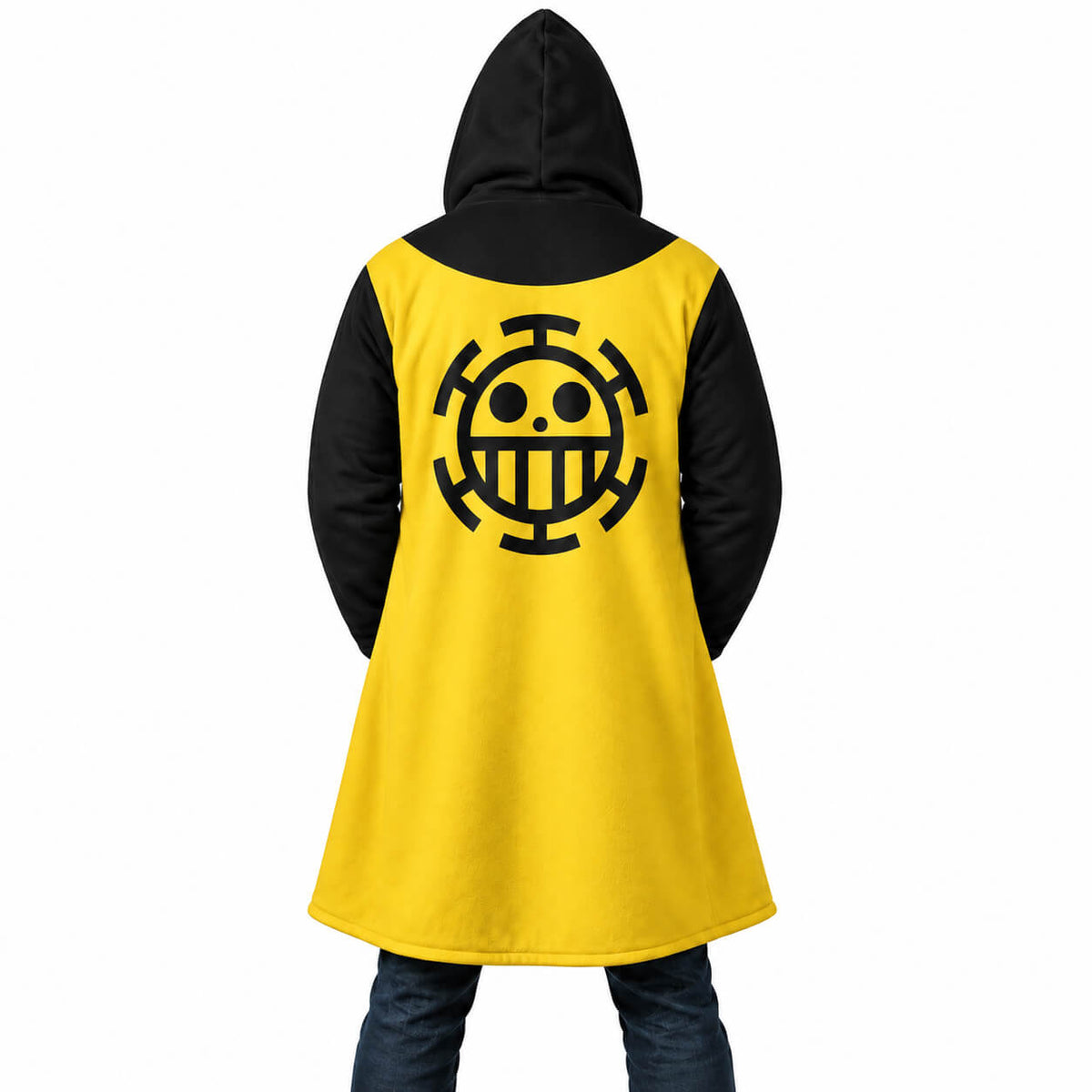 Trafalgar Law yellow hooded cloak coat rear view featuring Heart Pirates Jolly Roger