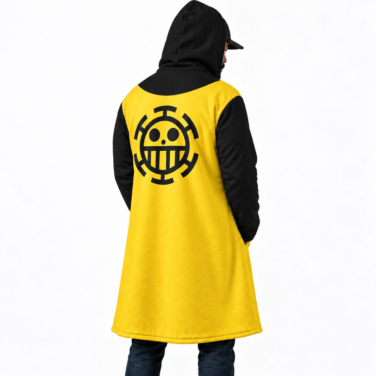 1. One Piece Trafalgar Law hooded cloak coat angled back showing yellow and black design