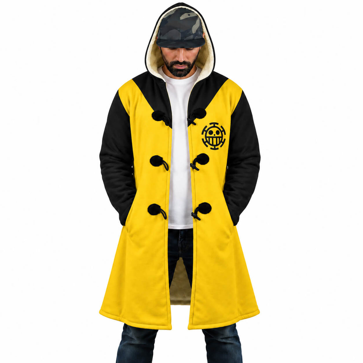 Trafalgar Law hooded cloak coat front showing yellow panels black sleeves and chest graphics