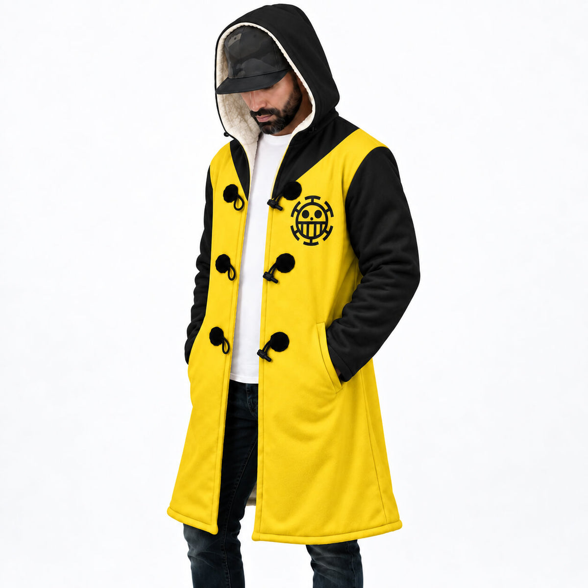 One Piece Trafalgar Law cloak coat angled front view with black hood and yellow body