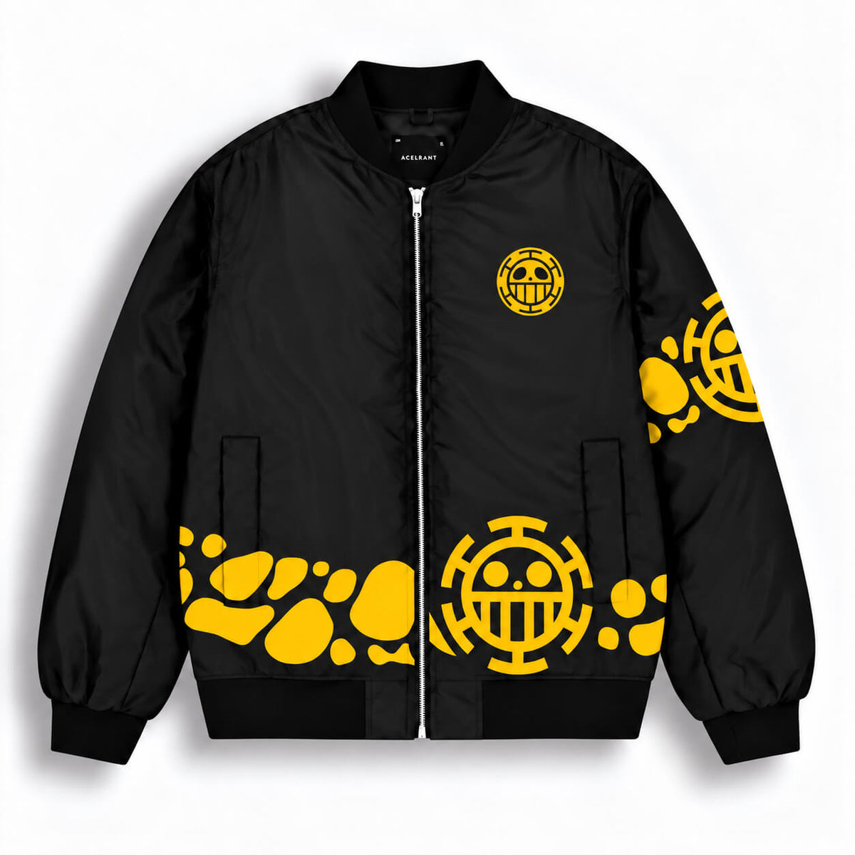 Front of black Trafalgar Law bomber jacket with yellow Heart Pirates emblems and graphic hem
