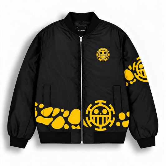 Front of black Trafalgar Law bomber jacket with yellow Heart Pirates emblems and graphic hem