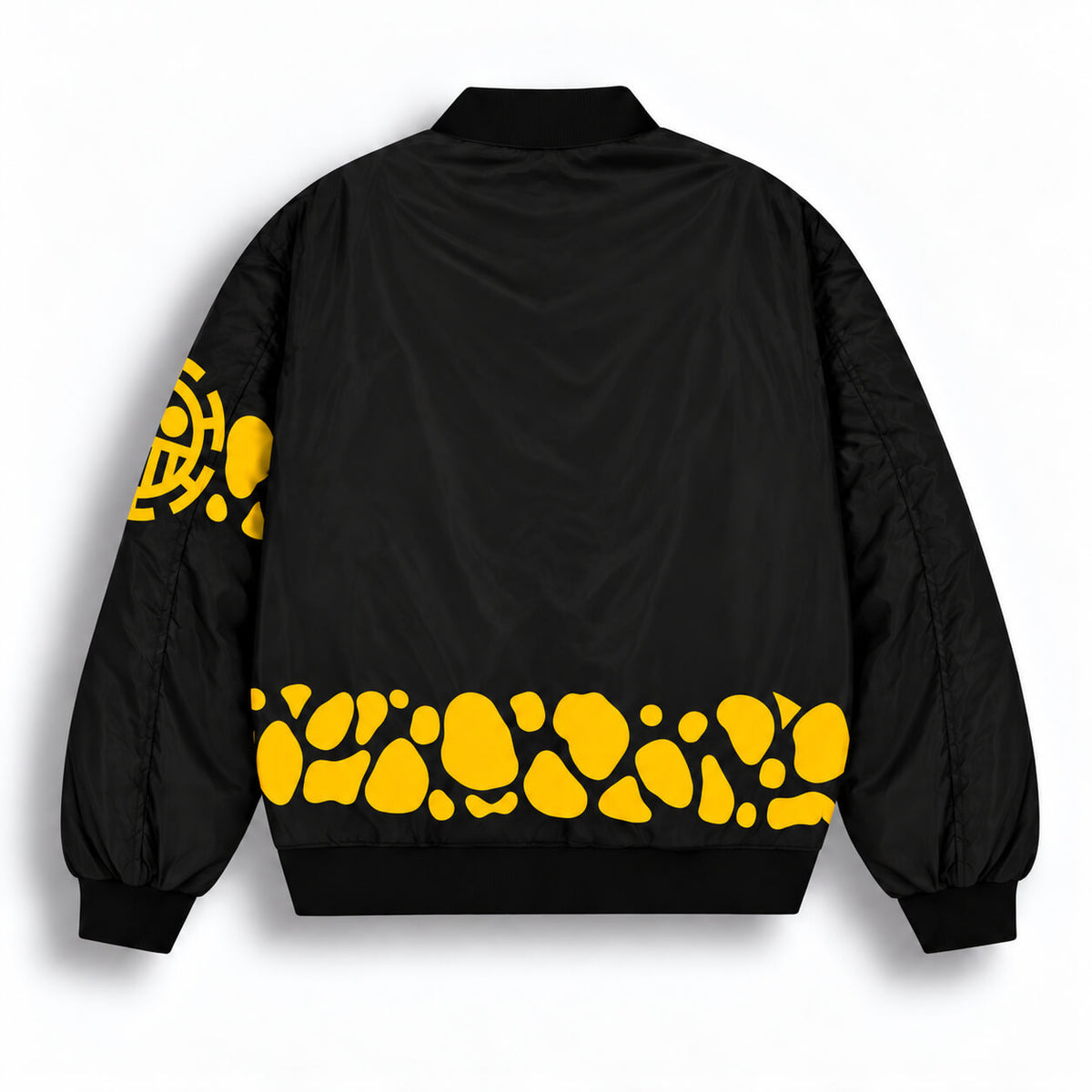 Back of black One Piece Heart Pirates bomber jacket with yellow graphics along the lower hem