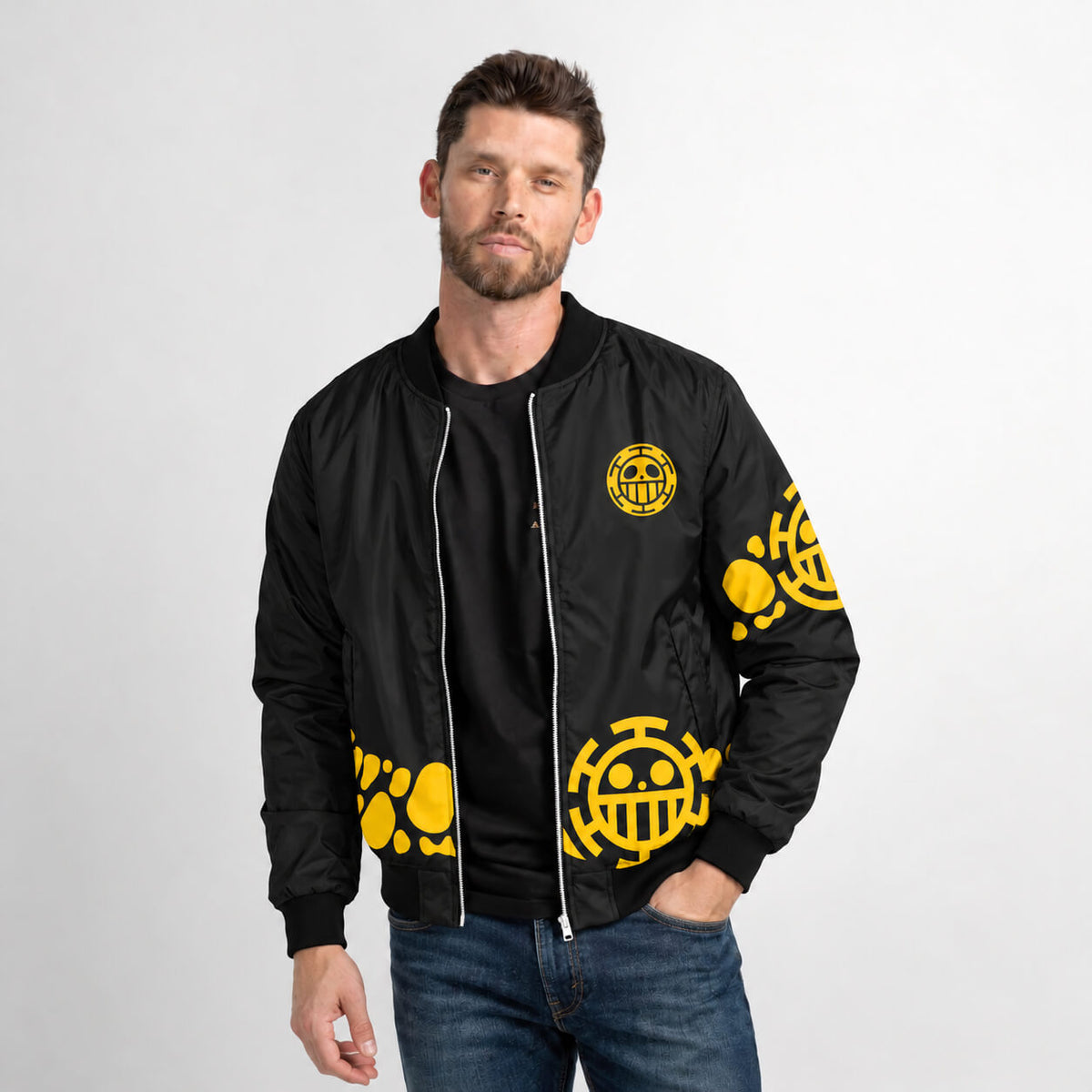 Model wearing Trafalgar Law bomber jacket with yellow Heart Pirates symbols on black nylon