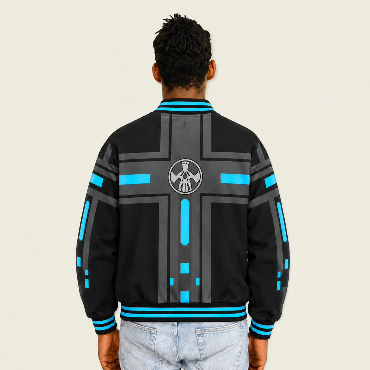 1. Model wearing Punisher varsity jacket back view
