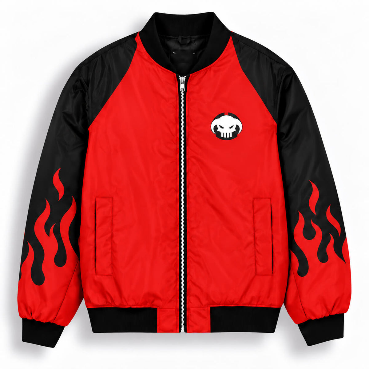 Front of red and black One Piece Whitebeard bomber jacket with flame sleeves and chest emblem