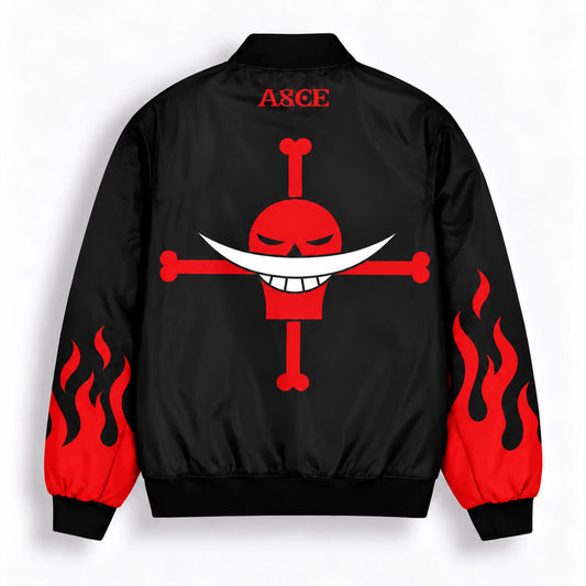 Back of Whitebeard Pirates bomber jacket with large red Jolly Roger and flame-patterned sleeves