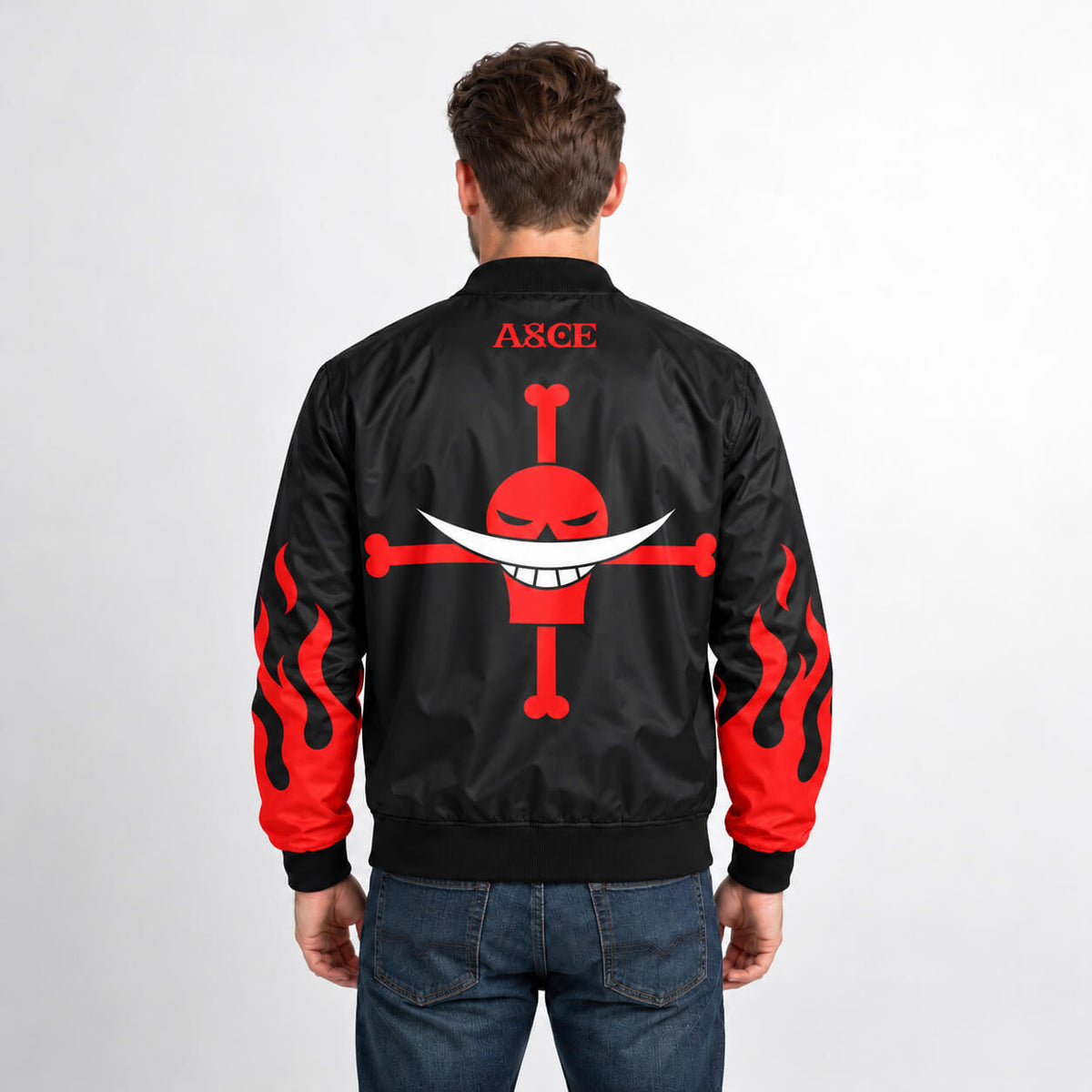 Model wearing Whitebeard Pirates bomber jacket showing red pirate emblem and black back panel