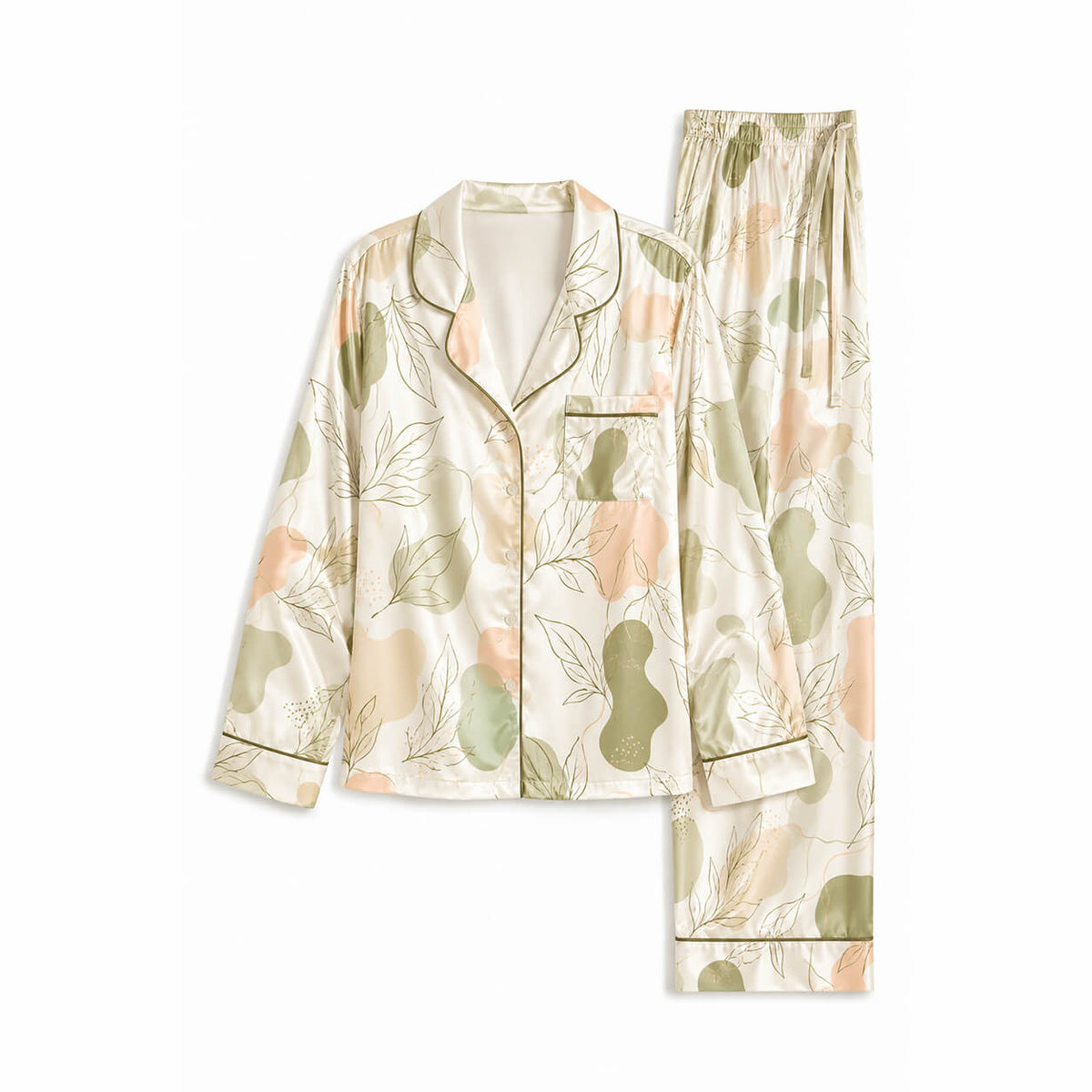 Cream women’s satin pajama set with matcha green and blush floral print