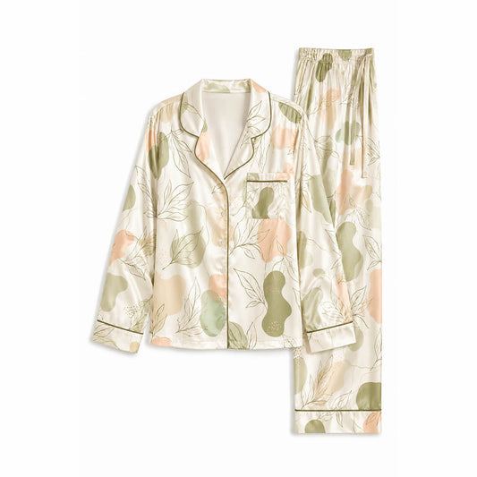 Cream women’s satin pajama set with matcha green and blush floral print