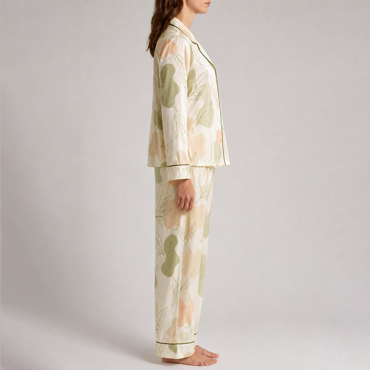 Side view of women’s matcha green floral satin pajama set
