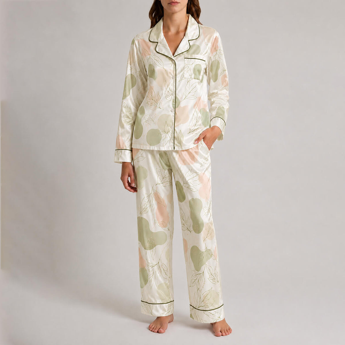 Front view of Matcha Bloom women’s floral satin pajama set