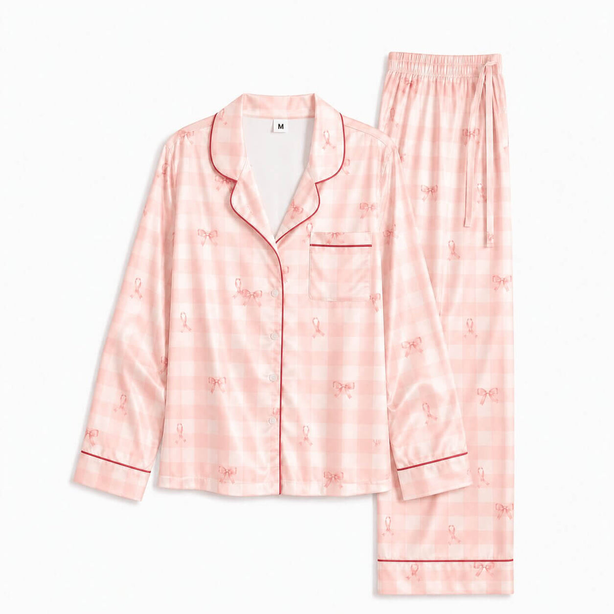 Pink women’s satin pajama set with ribbon gingham all-over print