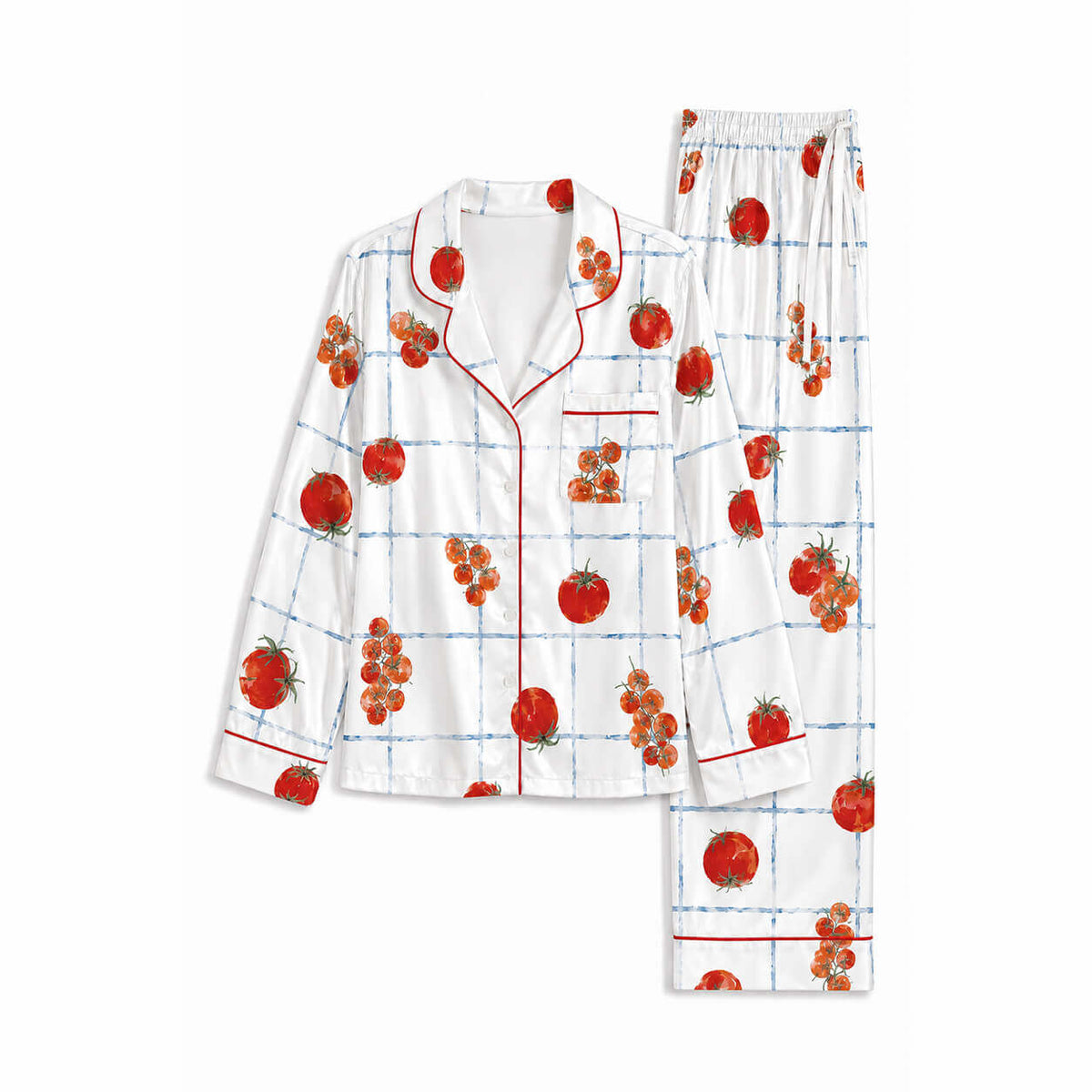 White women’s satin pajama set with red orchard fruit and branch print