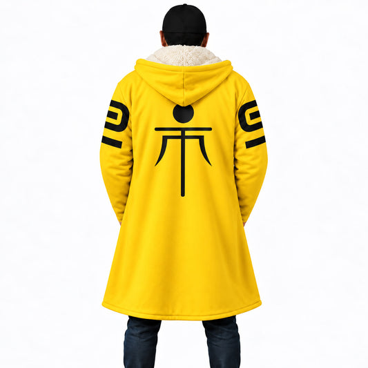 Yi Nine Sols yellow hooded cloak coat back with black Tao-inspired symbol