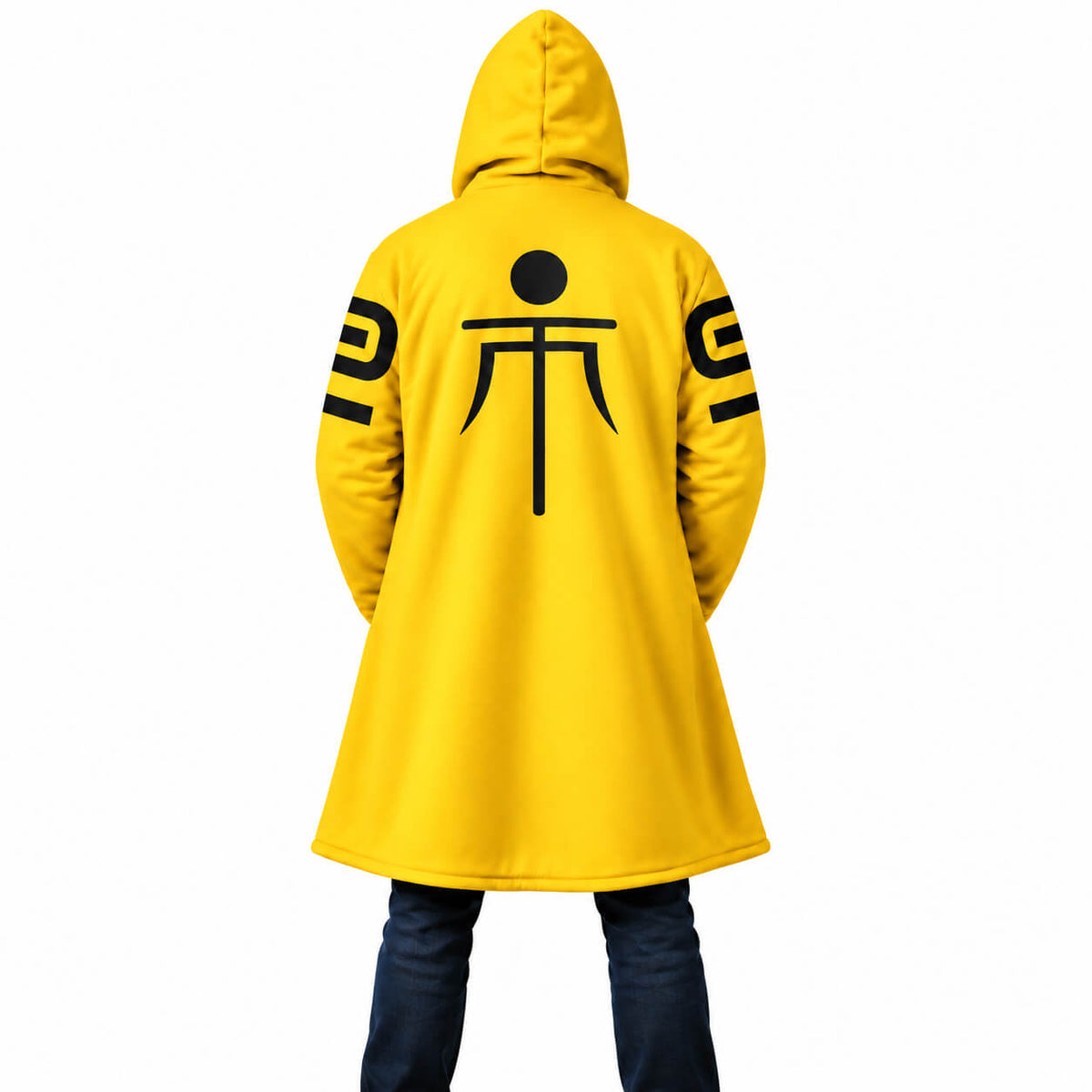 1. Nine Sols yellow hooded cloak coat full back view with black emblem