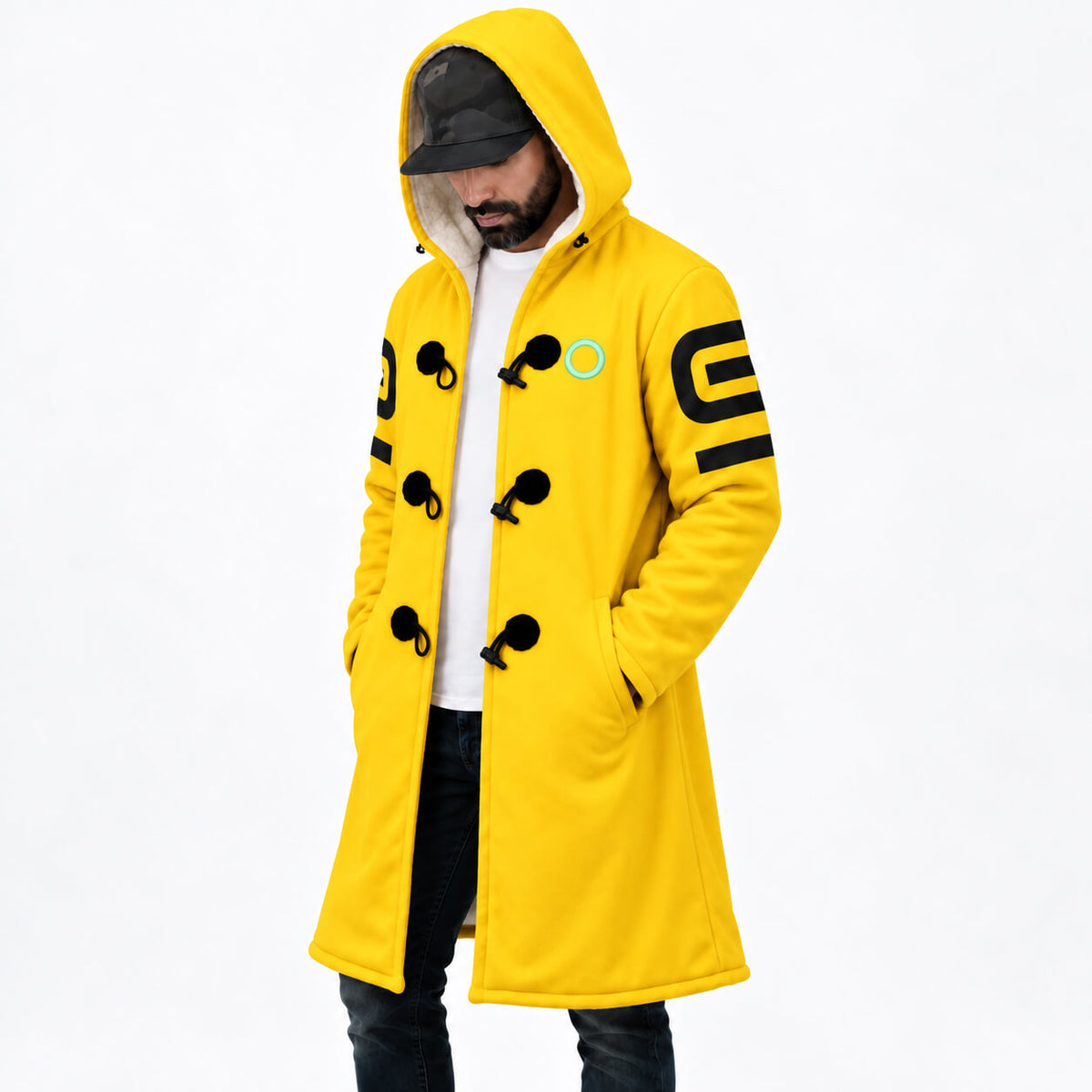 Model wearing Yi Nine Sols yellow cloak coat angled front view
